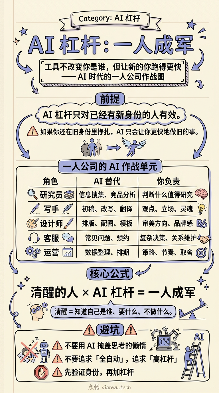 AI 杠杆：一人成军 · 手绘信息图