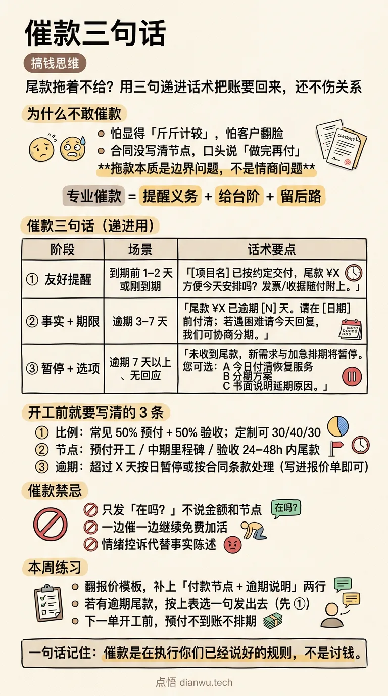 催款三句话 · 手绘信息图