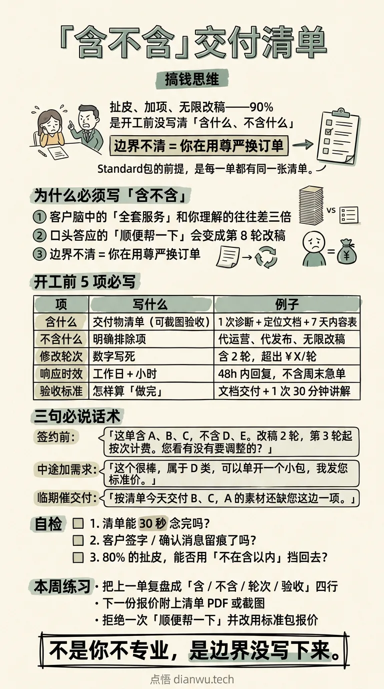 「含不含」交付清单 · 手绘信息图