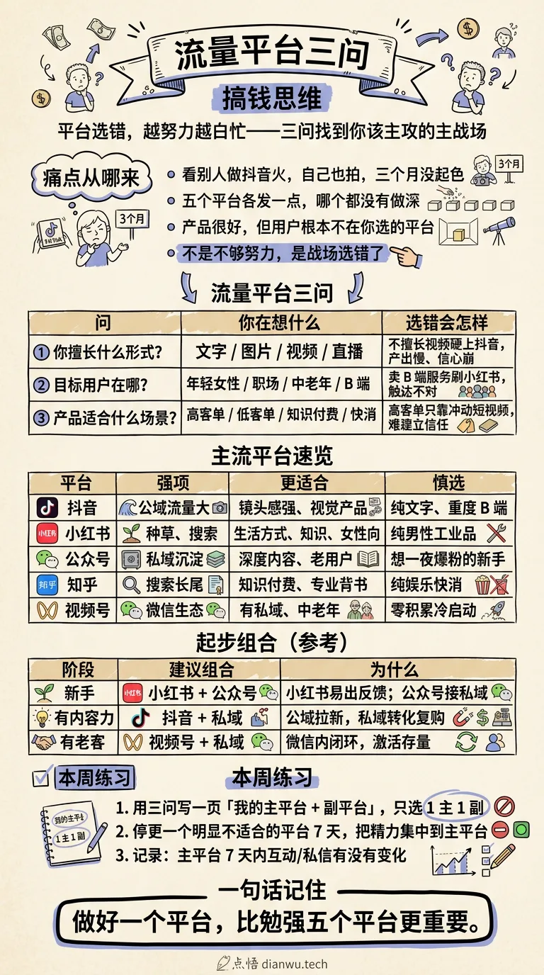 流量平台三问 · 手绘信息图