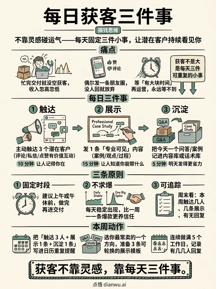 每日获客三件事 · 手绘信息图