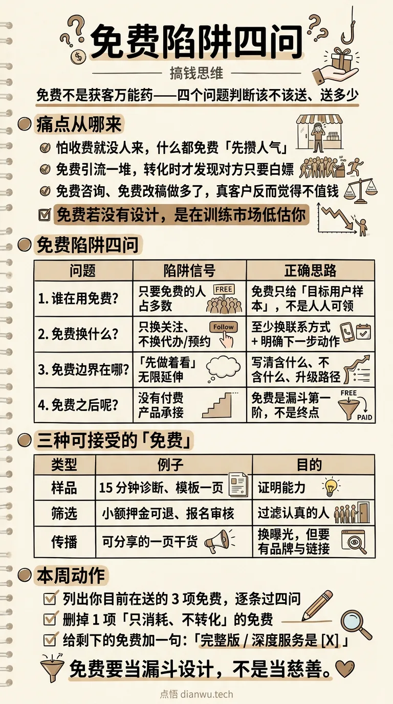 免费陷阱四问 · 手绘信息图