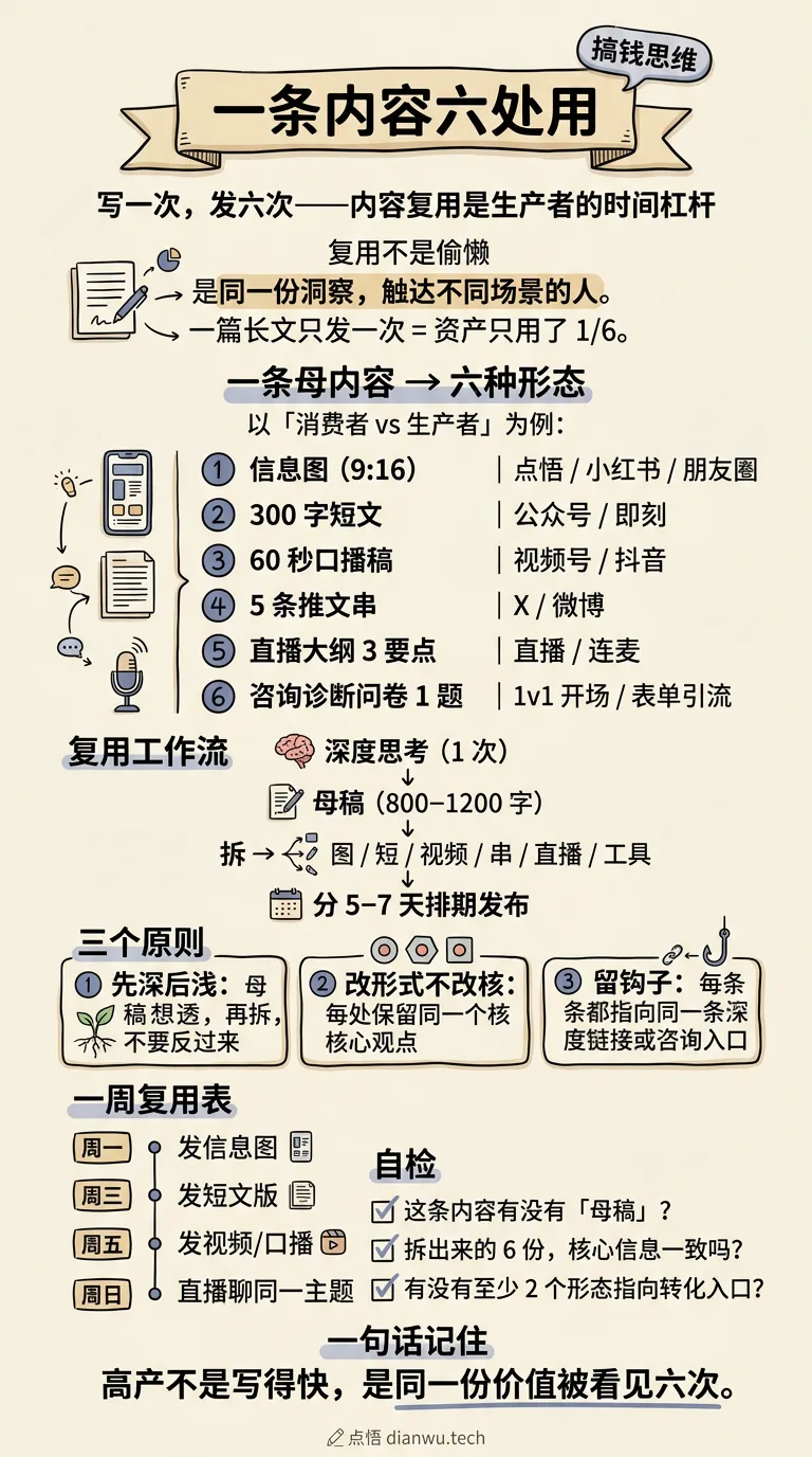 一条内容六处用 · 手绘信息图