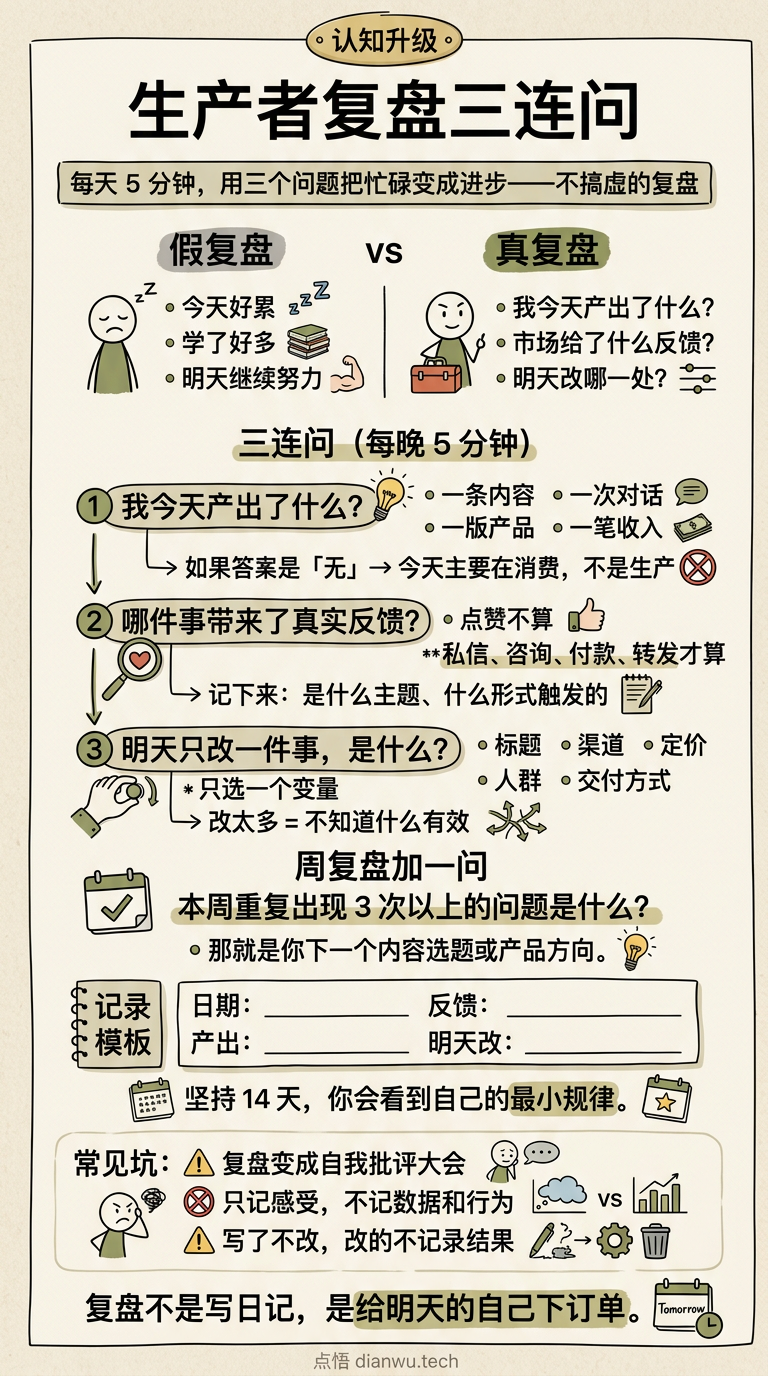 生产者复盘三连问 · 手绘信息图