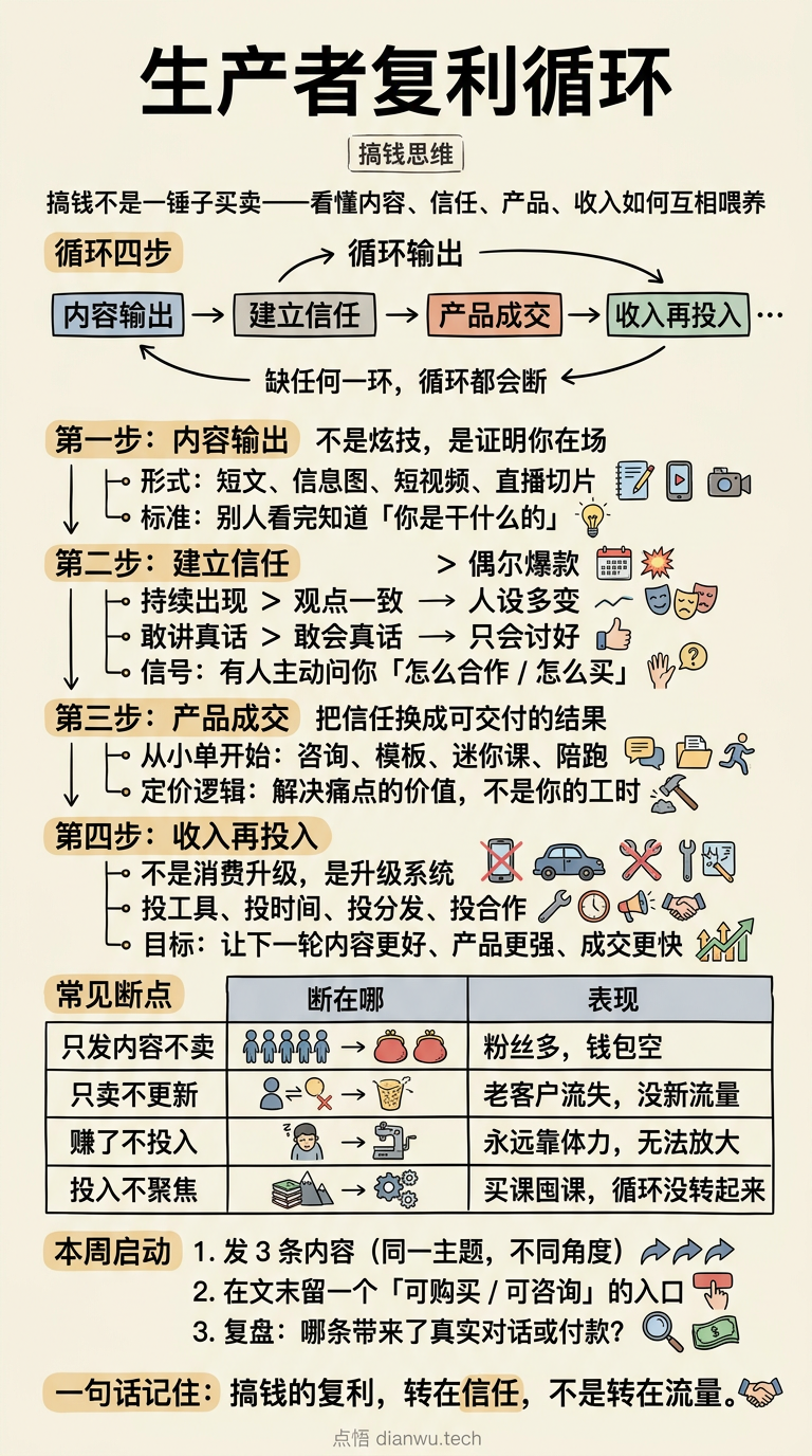 生产者复利循环 · 手绘信息图