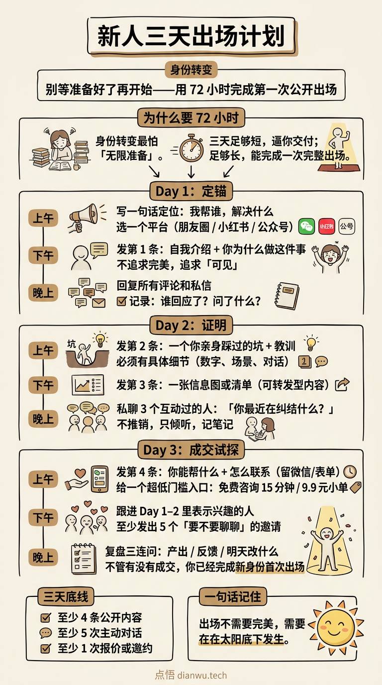 新人三天出场计划 · 手绘信息图
