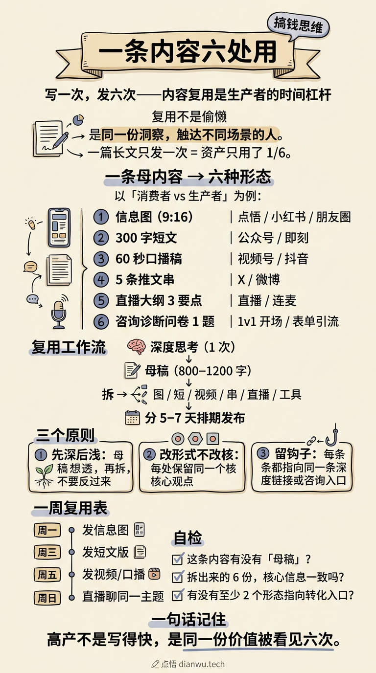 一条内容六处用 · 手绘信息图